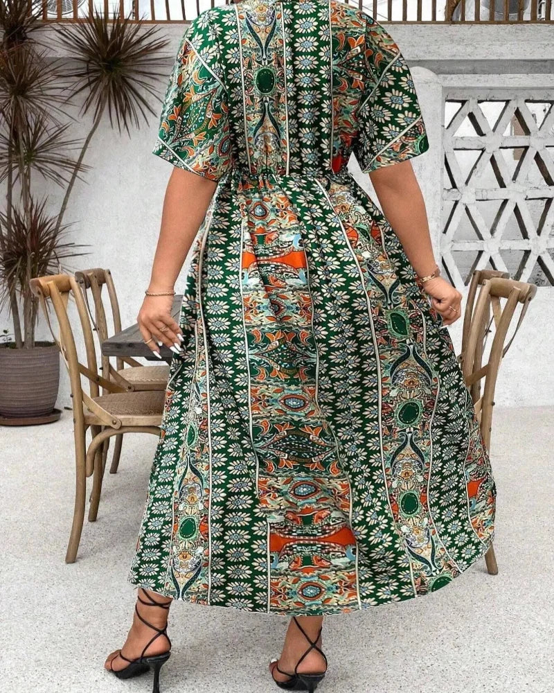 Plus Size Boho V-Neck Floral A-Line Dress
