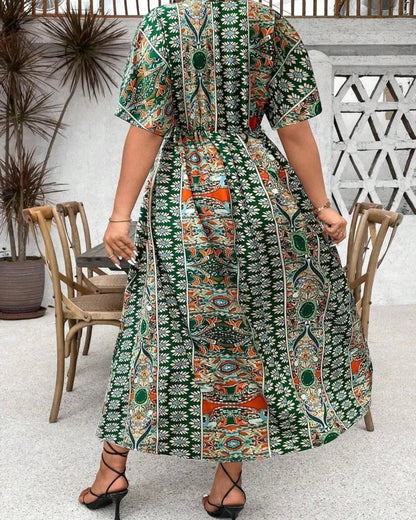 Plus Size Boho V-Neck Floral A-Line Dress