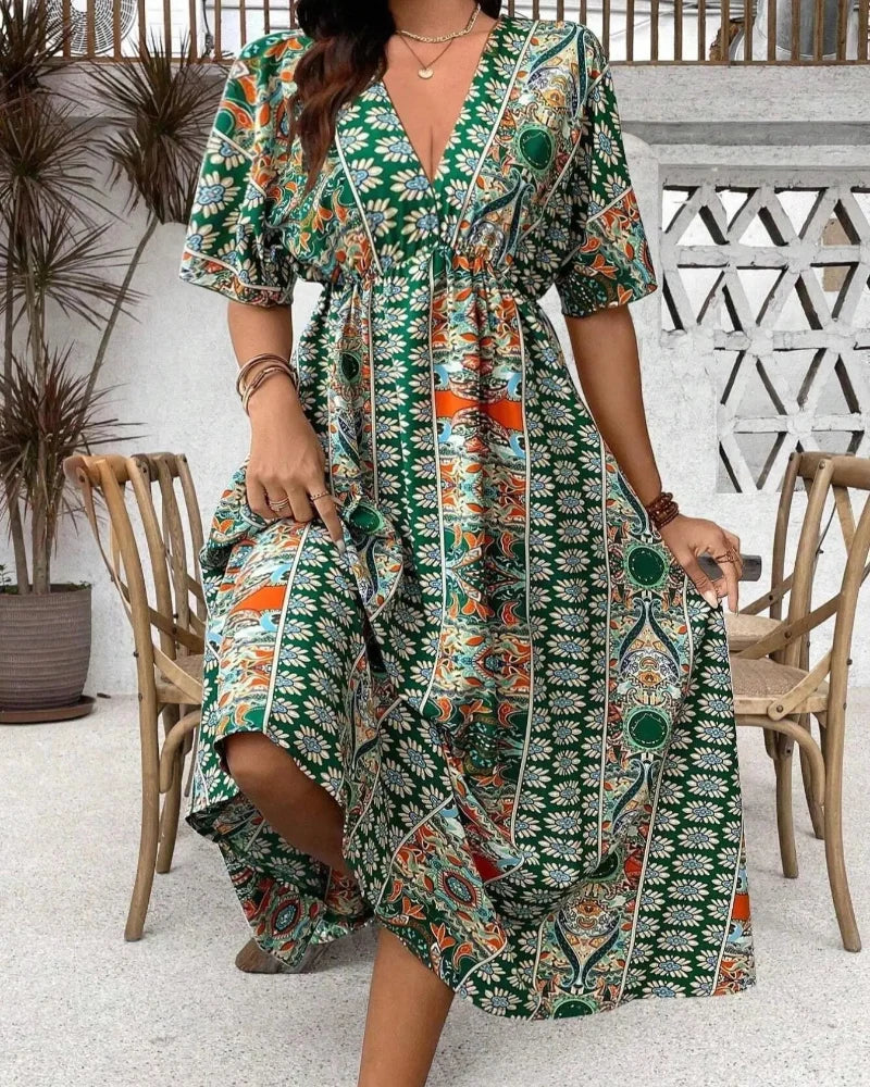 Plus Size Boho V-Neck Floral A-Line Dress