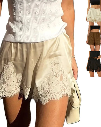 Women’s Silky Lace Trim Satin Lounge Shorts, Chic Style