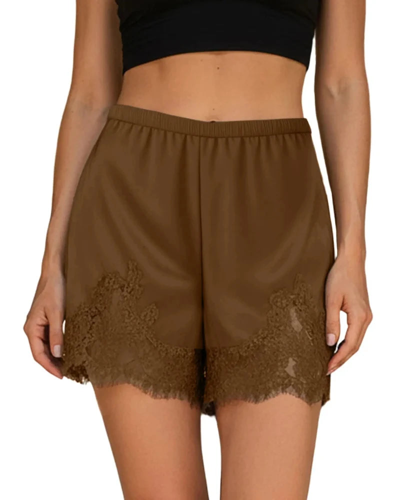 Women’s Silky Lace Trim Satin Lounge Shorts, Chic Style
