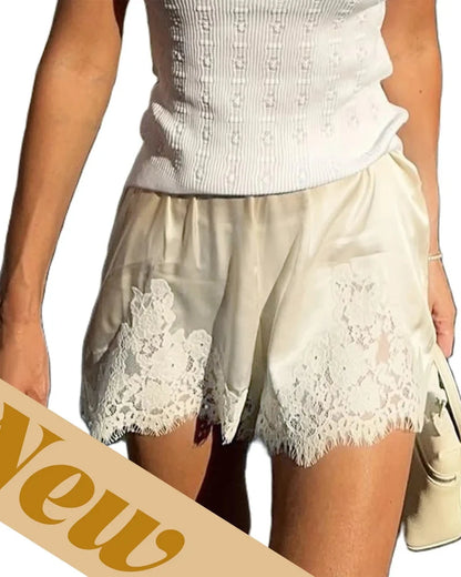 Women’s Silky Lace Trim Satin Lounge Shorts, Chic Style