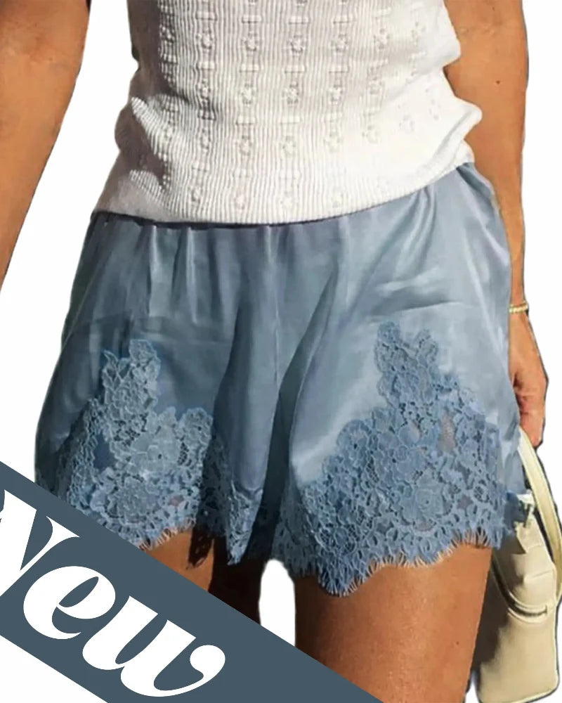 Women’s Silky Lace Trim Satin Lounge Shorts, Chic Style