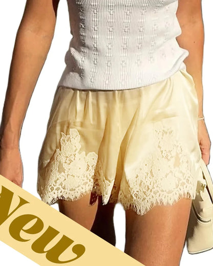 Women’s Silky Lace Trim Satin Lounge Shorts, Chic Style