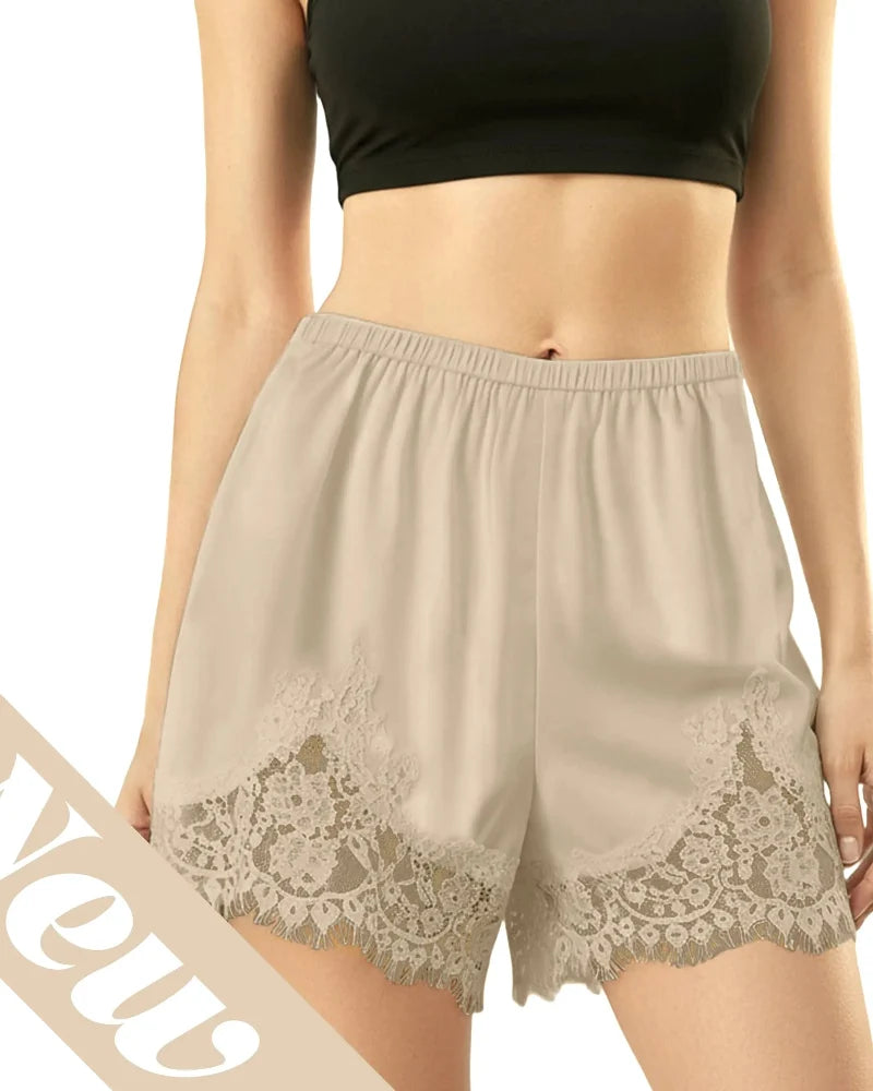 Women’s Silky Lace Trim Satin Lounge Shorts, Chic Style