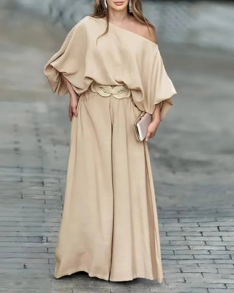 Skew Neck Set – Lantern Top & Wide Leg Pants