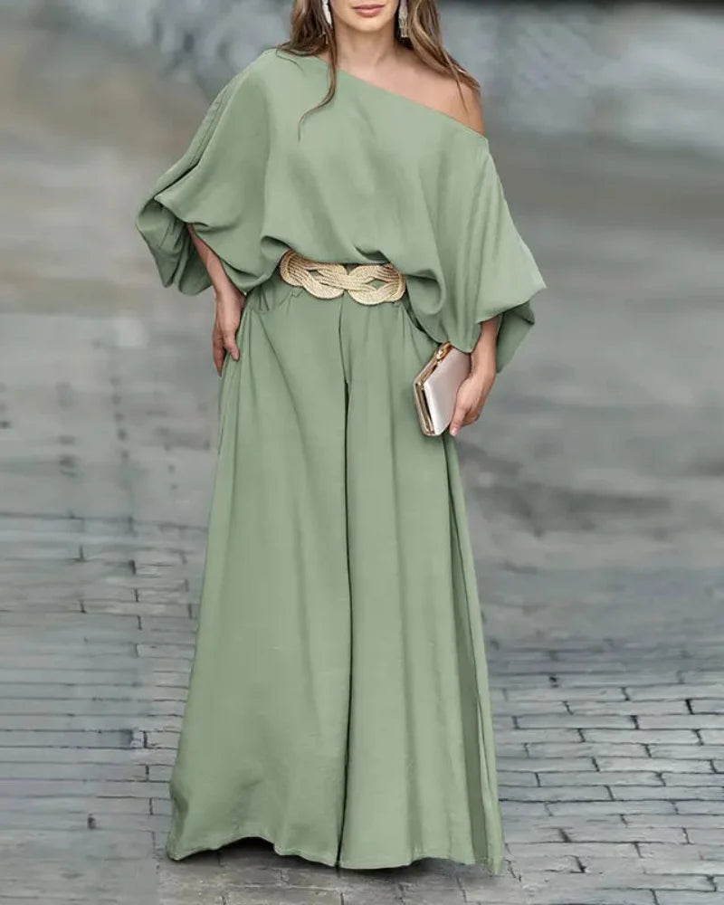 Skew Neck Set – Lantern Top & Wide Leg Pants