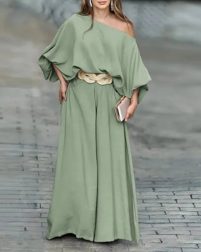 Skew Neck Set – Lantern Top & Wide Leg Pants
