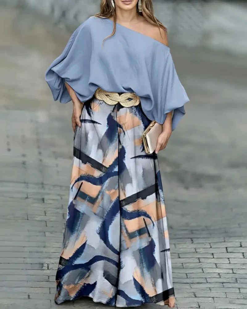 Skew Neck Set – Lantern Top & Wide Leg Pants