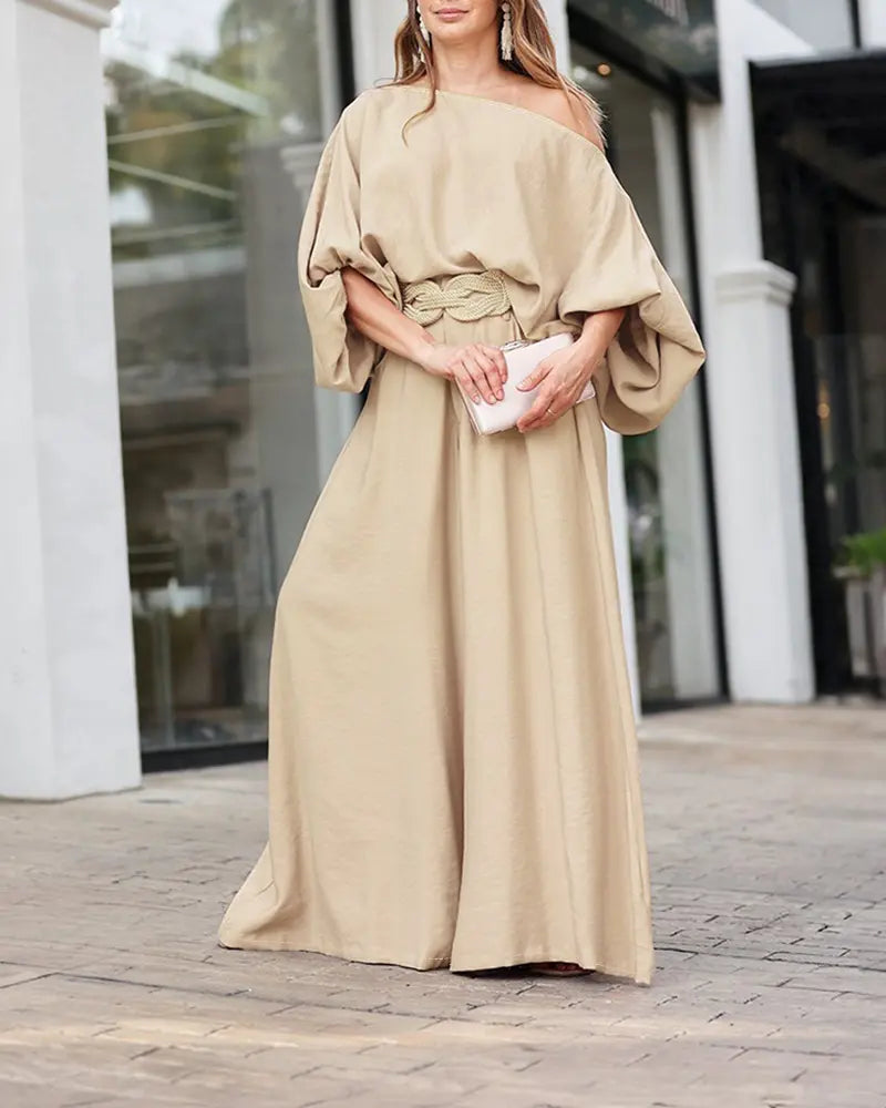 Skew Neck Set – Lantern Top & Wide Leg Pants