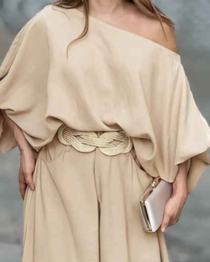 Skew Neck Set – Lantern Top & Wide Leg Pants