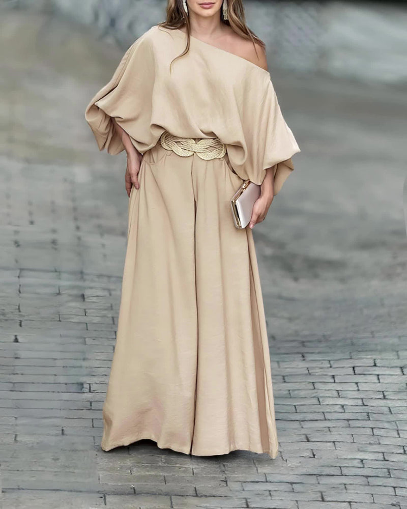 Skew Neck Set – Lantern Top & Wide Leg Pants