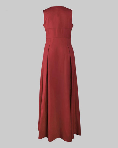 Women’s Loose Fit Maxi Dress – Pleated, Pocket, Slit, Summer Comfort Dress