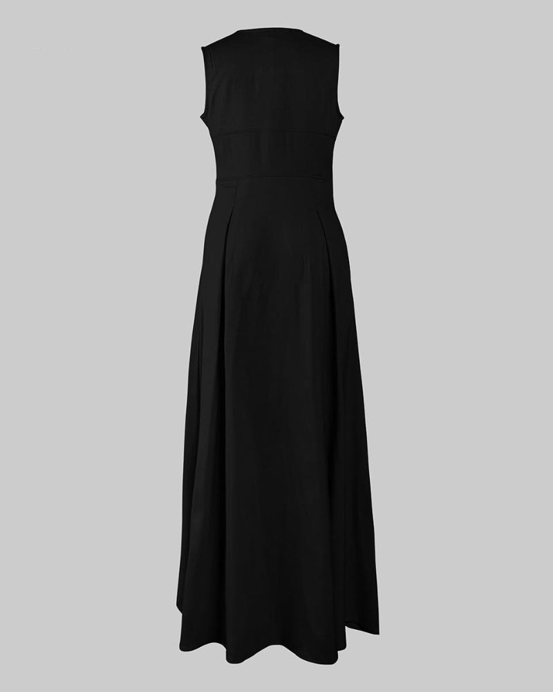 Women’s Loose Fit Maxi Dress – Pleated, Pocket, Slit, Summer Comfort Dress
