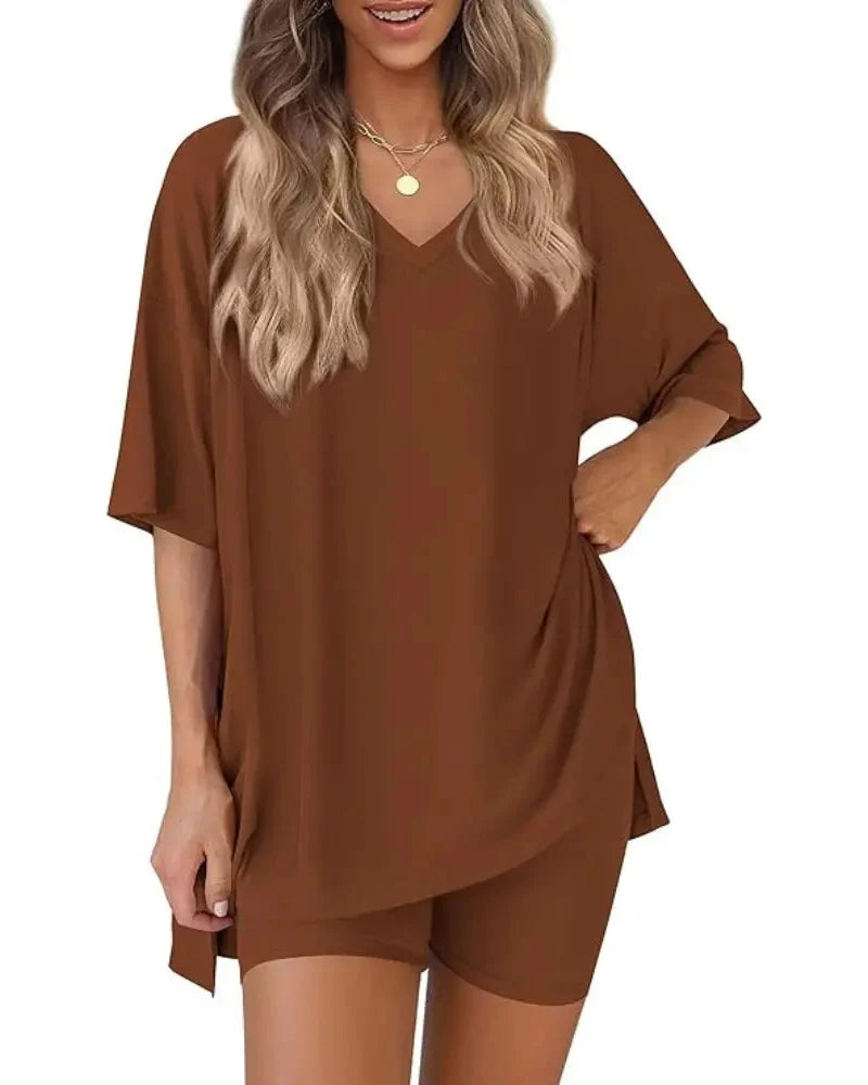 Casual 2-Piece Loungewear Set Oversized Split Hem Top & Fitted Shorts