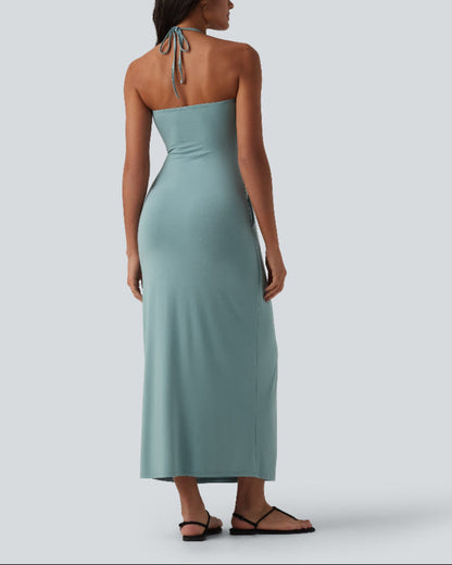 Halter Neck Maxi Dress with Adjustable Tie Back and Side Pockets
