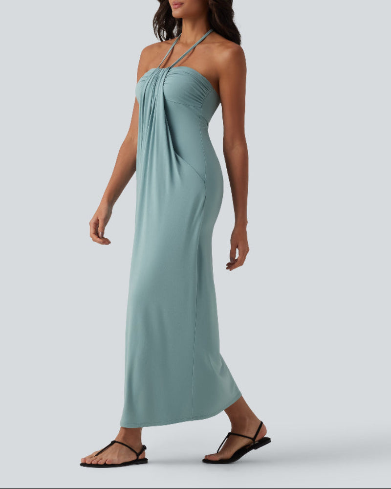 Halter Neck Maxi Dress with Adjustable Tie Back and Side Pockets