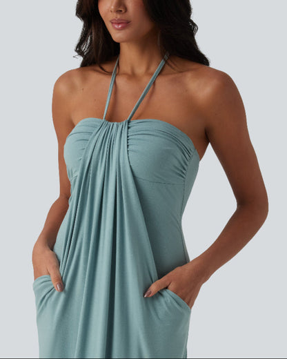 Halter Neck Maxi Dress with Adjustable Tie Back and Side Pockets