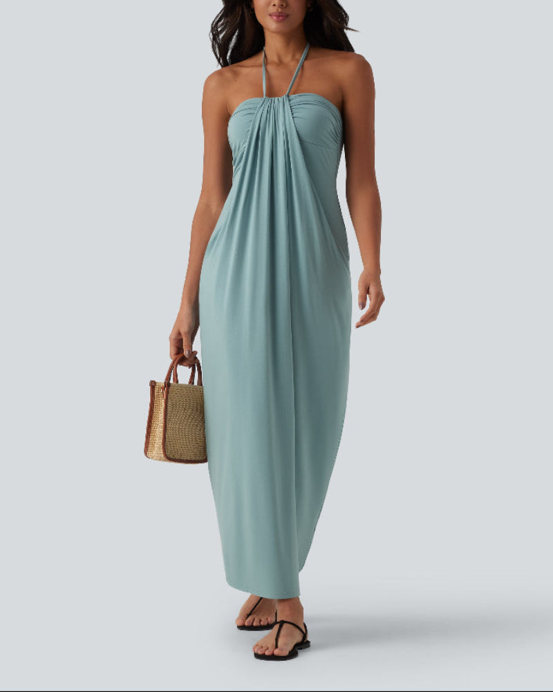 Halter Neck Maxi Dress with Adjustable Tie Back and Side Pockets