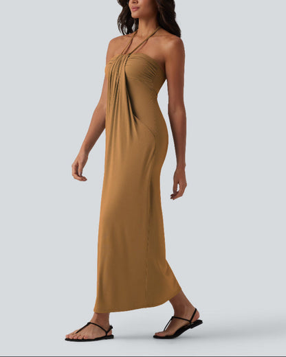 Halter Neck Maxi Dress with Adjustable Tie Back and Side Pockets