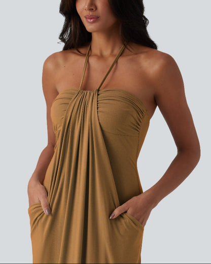 Halter Neck Maxi Dress with Adjustable Tie Back and Side Pockets
