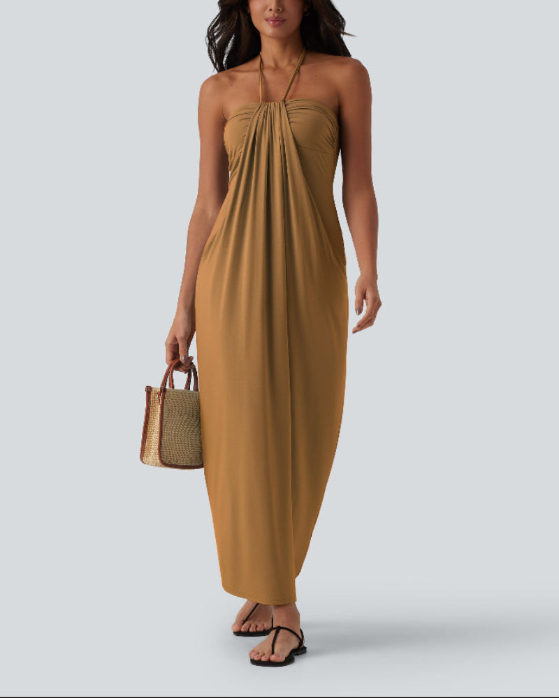 Halter Neck Maxi Dress with Adjustable Tie Back and Side Pockets