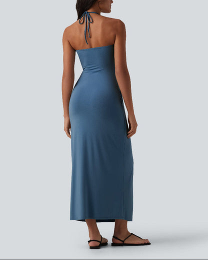 Halter Neck Maxi Dress with Adjustable Tie Back and Side Pockets