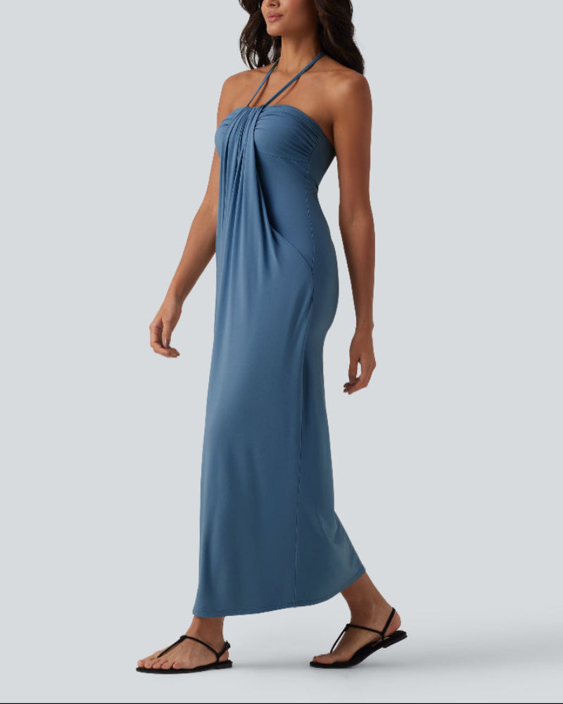 Halter Neck Maxi Dress with Adjustable Tie Back and Side Pockets