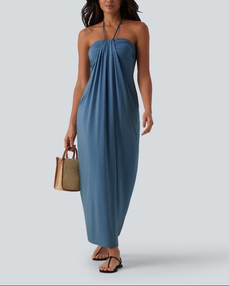 Halter Neck Maxi Dress with Adjustable Tie Back and Side Pockets