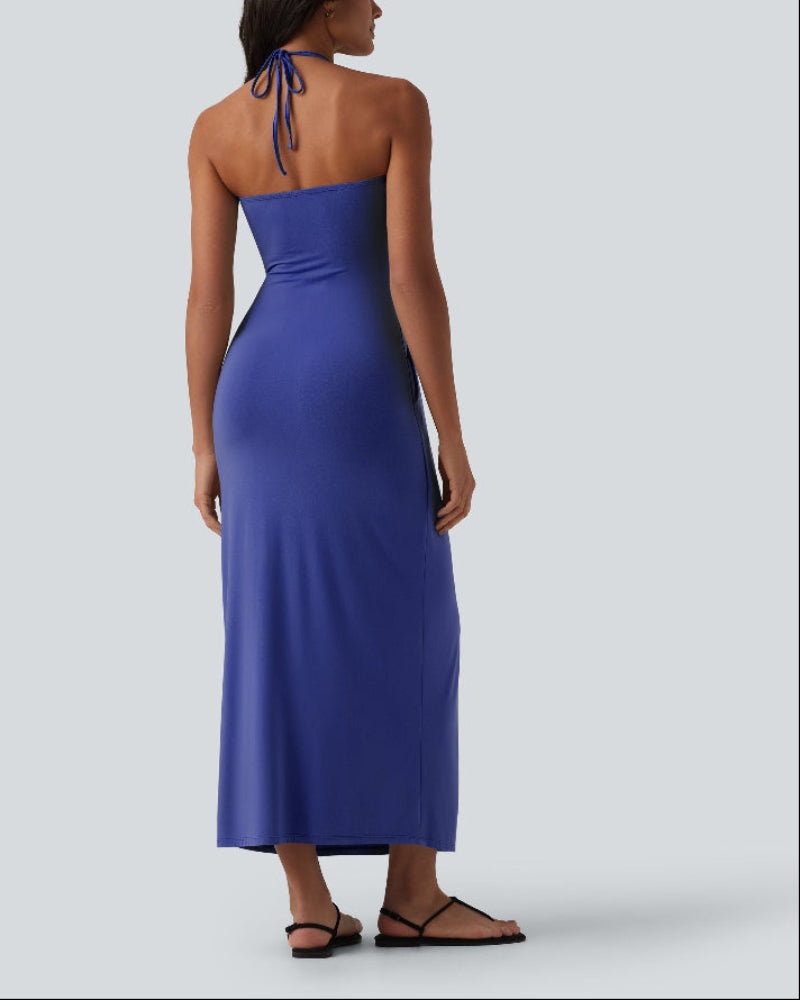 Halter Neck Maxi Dress with Adjustable Tie Back and Side Pockets