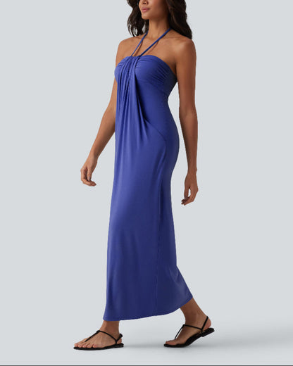 Halter Neck Maxi Dress with Adjustable Tie Back and Side Pockets