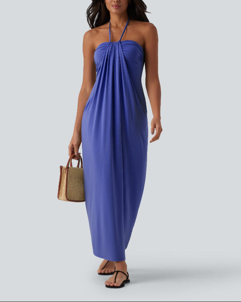 Halter Neck Maxi Dress with Adjustable Tie Back and Side Pockets