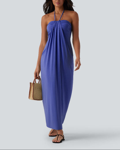 Halter Neck Maxi Dress with Adjustable Tie Back and Side Pockets