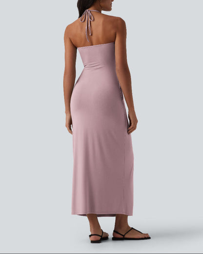 Halter Neck Maxi Dress with Adjustable Tie Back and Side Pockets