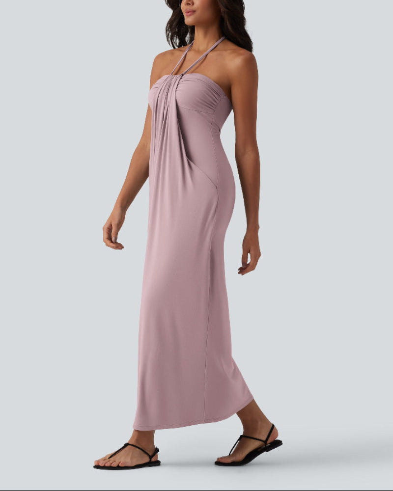 Halter Neck Maxi Dress with Adjustable Tie Back and Side Pockets