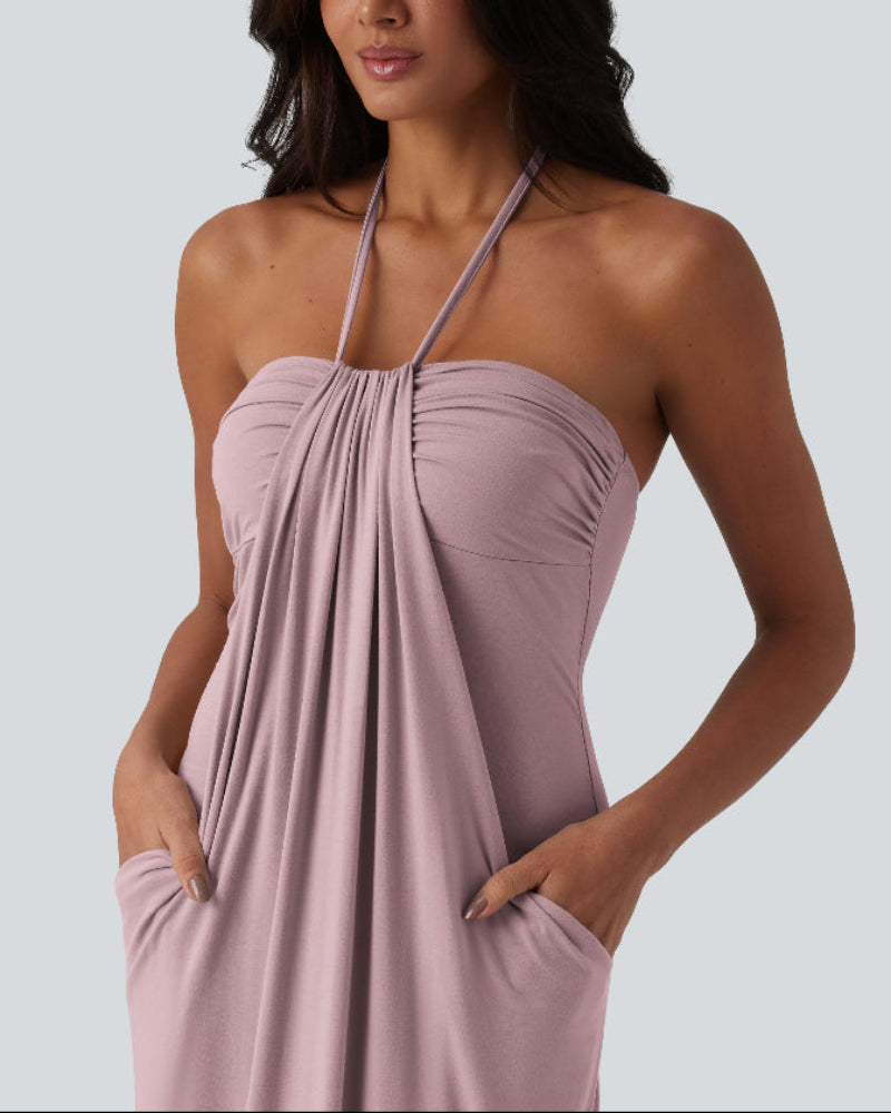 Halter Neck Maxi Dress with Adjustable Tie Back and Side Pockets
