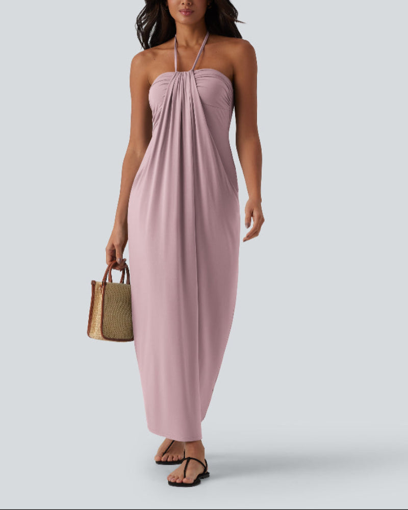 Halter Neck Maxi Dress with Adjustable Tie Back and Side Pockets