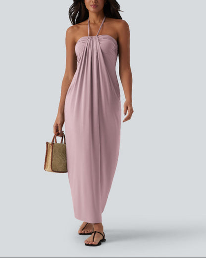 Halter Neck Maxi Dress with Adjustable Tie Back and Side Pockets