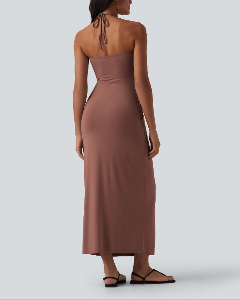 Halter Neck Maxi Dress with Adjustable Tie Back and Side Pockets