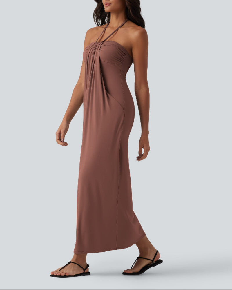 Halter Neck Maxi Dress with Adjustable Tie Back and Side Pockets