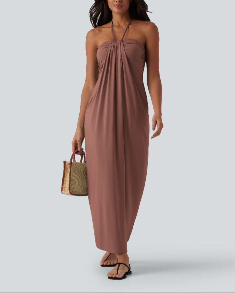 Halter Neck Maxi Dress with Adjustable Tie Back and Side Pockets
