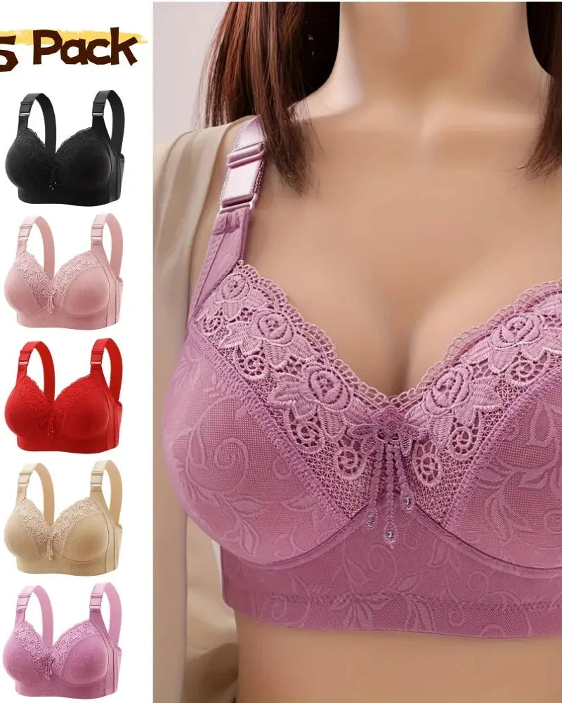 3 Packs Women's Contrast Lace Push Up Bra Soft Breathable Adjustable Bralette