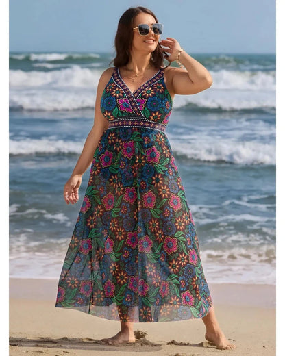 Two-Piece Floral Print Ruched Mesh Swimsuit, Sarong