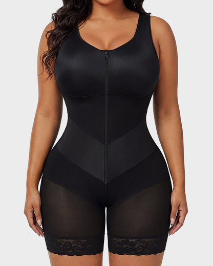 Front-zip body shaper with tummy control and smoothing fit.