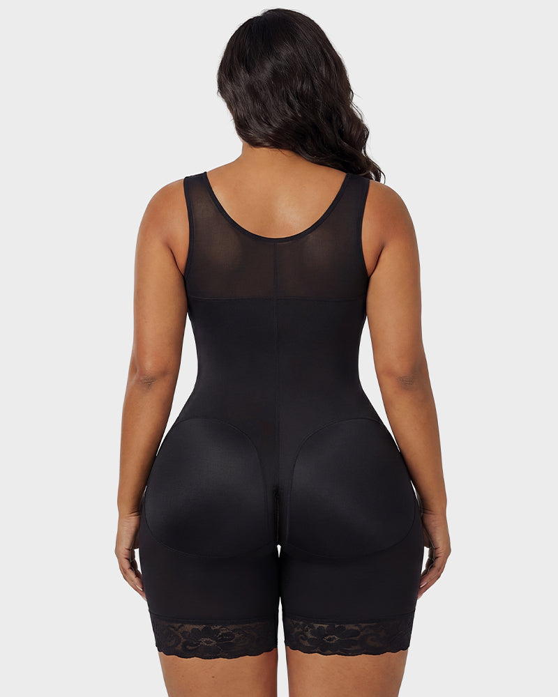 Front-zip body shaper with tummy control and smoothing fit.