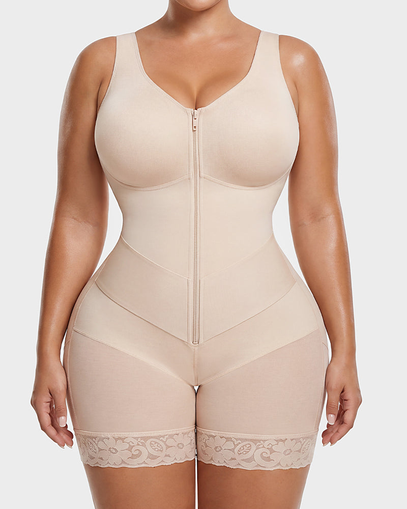 Front-zip body shaper with tummy control and smoothing fit.