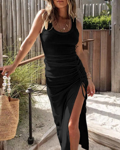 Women's Ruched Ribbed Bodycon Midi Dress for Vacation, Beach & Night Out