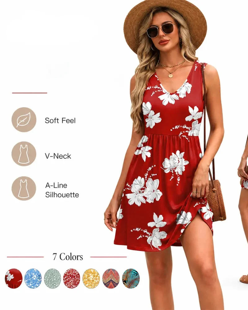Summer V-Neck Tank Sundress with Pockets — Casual Beach Dress