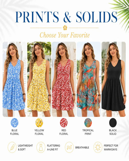 Summer V-Neck Tank Sundress with Pockets — Casual Beach Dress