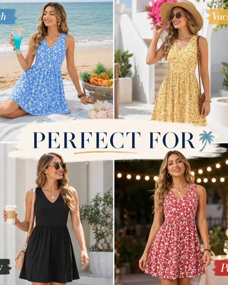 Summer V-Neck Tank Sundress with Pockets — Casual Beach Dress